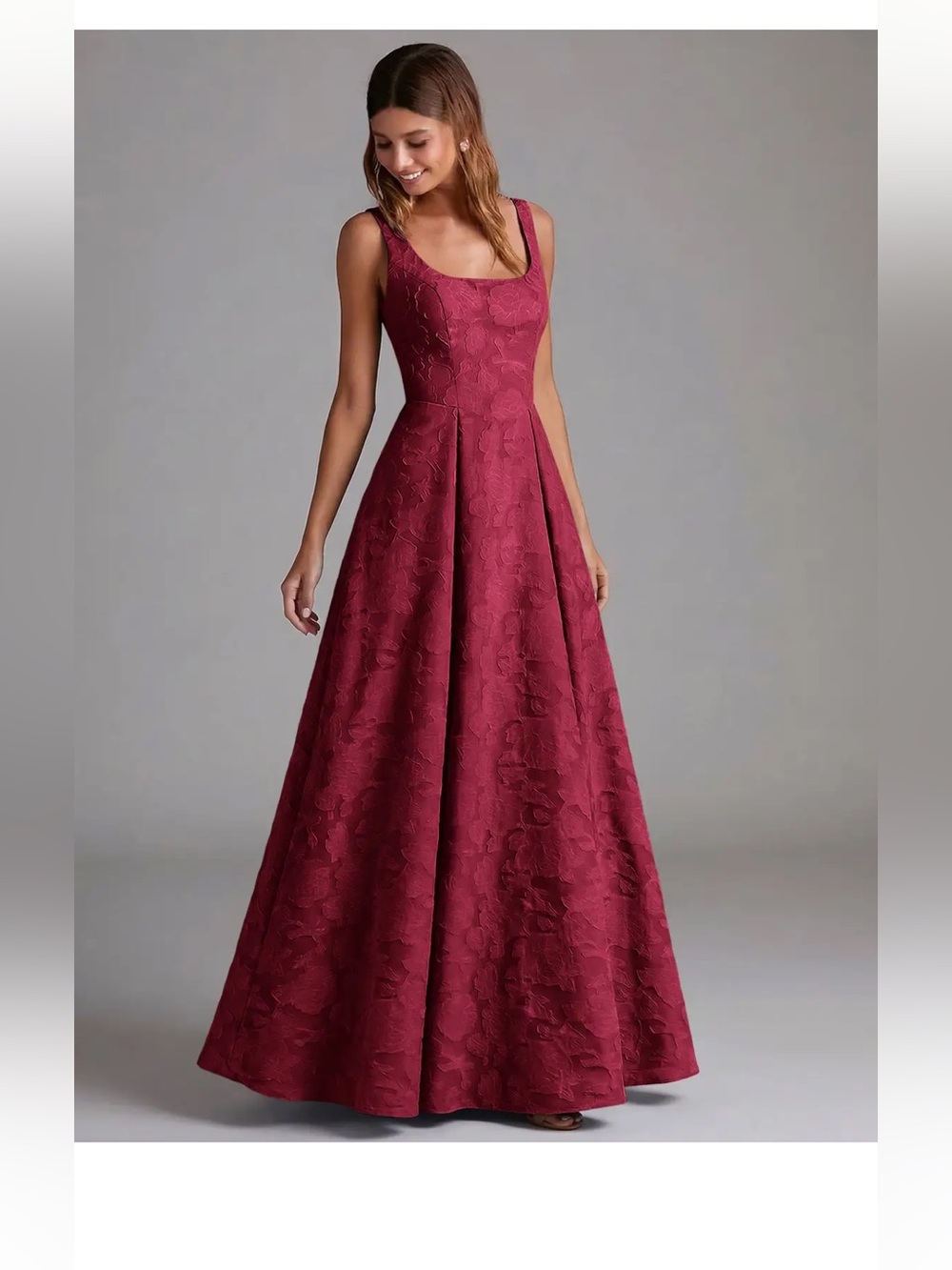 Azazie Wine Red Scoop Neck Jacquard Maxi Dress